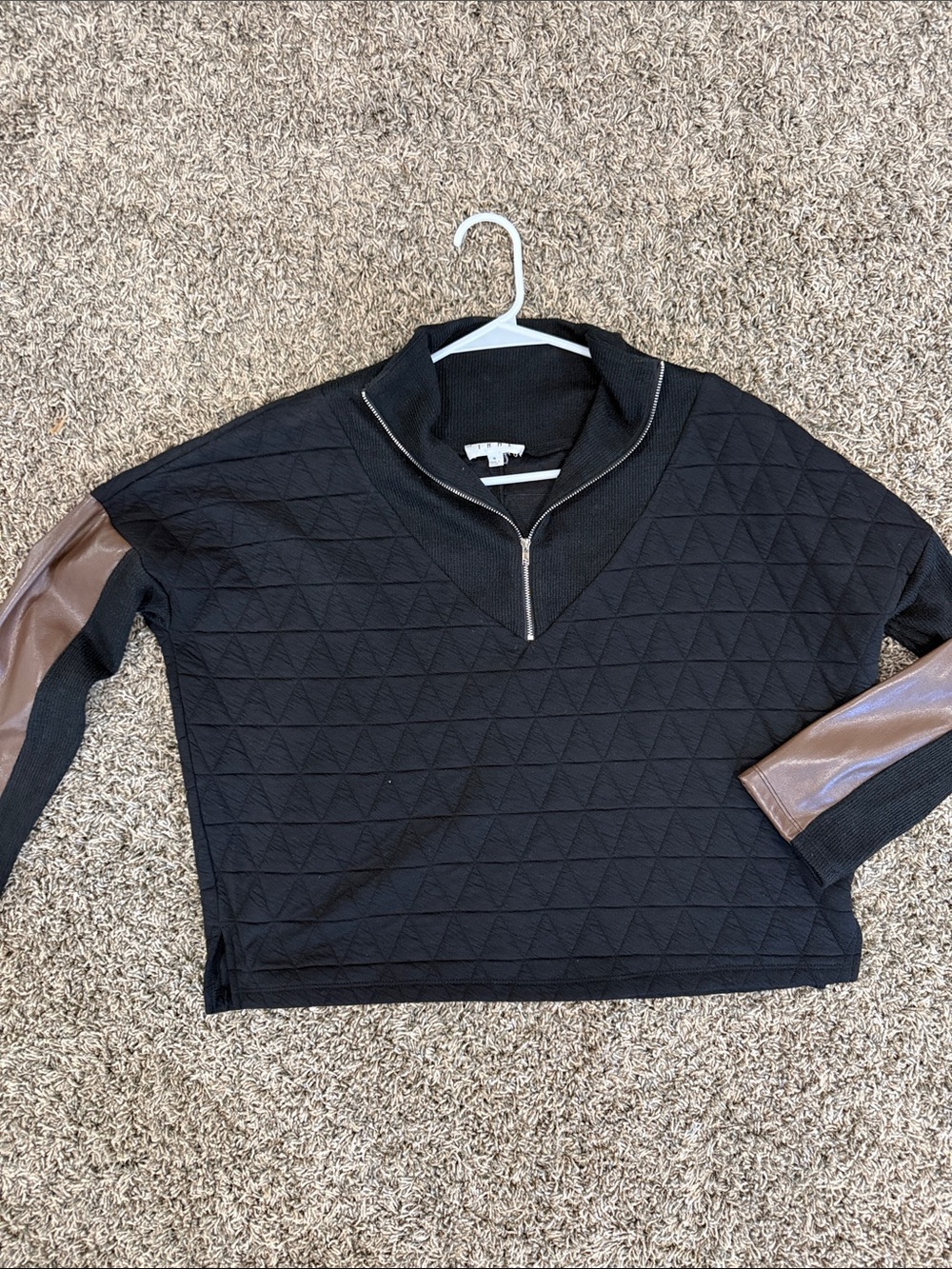 THML Black Quilted Pullover with Brown Faux-Leather Sleeve Panels